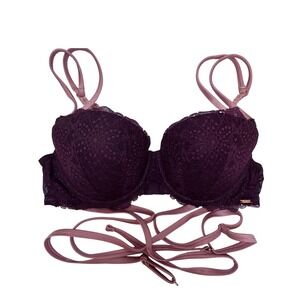 Victoria's Secret PINK Date Push-Up Bra 36B Purple Lace Strappy Wrap Detail